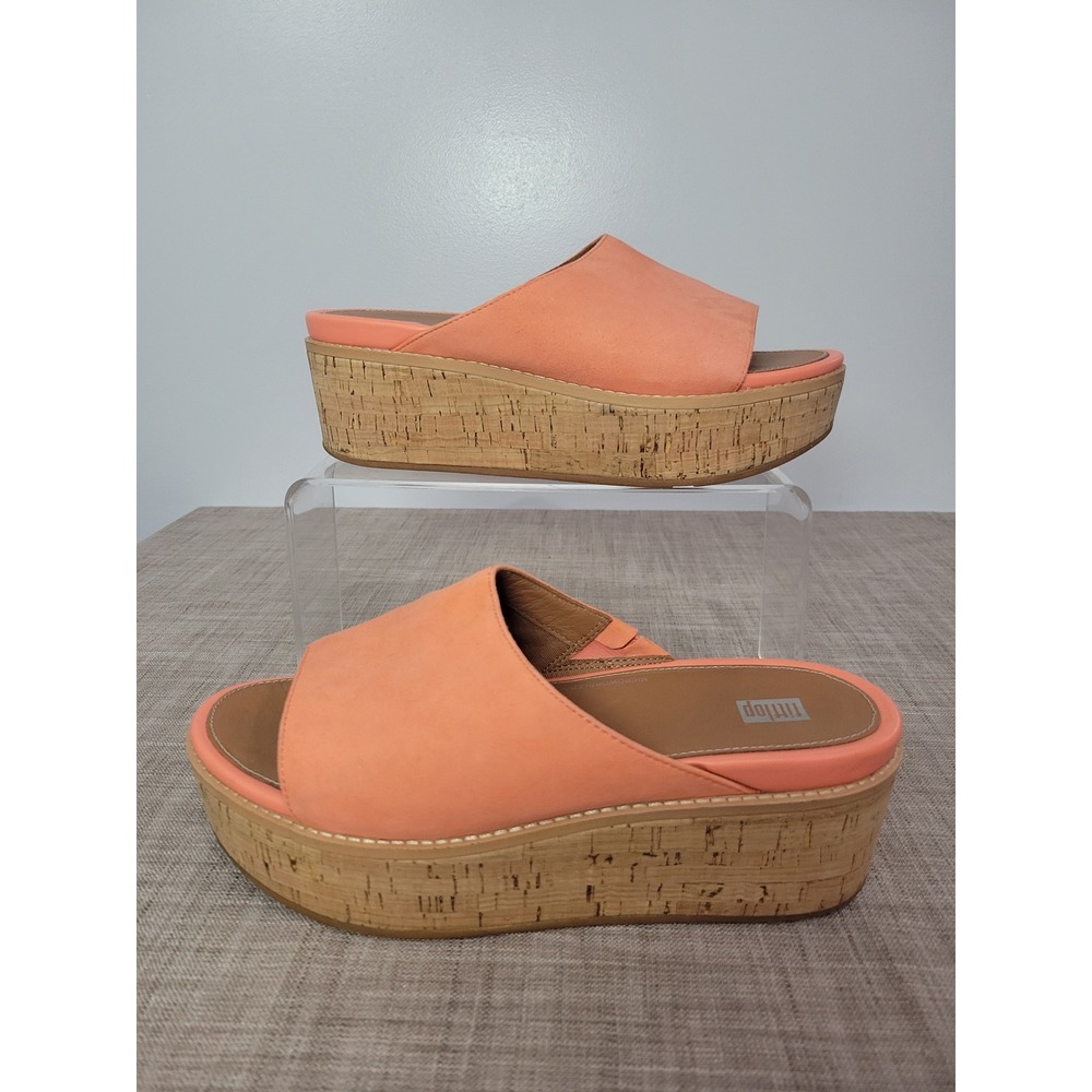 FitFlop Eloise Coral Peach Leather Cork Platform Wedge Slide Sandals Womens 9